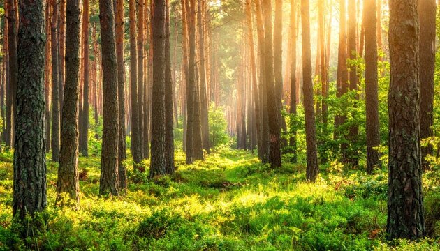 Sunlight filters through towering pine trees, illuminating lush green underbrush in a peaceful forest