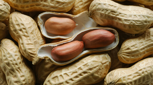 A close-up view of peanuts with some shelled  