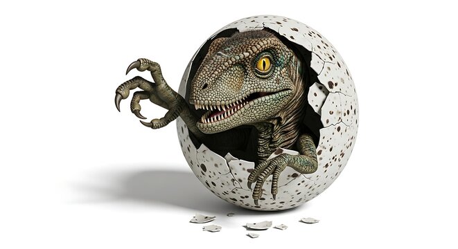 A detailed close-up of a baby raptor dinosaur hatching from a cracked egg, with sharp claws and teeth, on a white background.