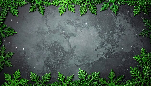 Green snowflake borders a dark, textured surface resembling slate with scattered white specks