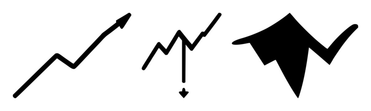 Market trend chart icon set with a solid black arrow pointing downward on white background featuring finance, analytics, investment with clean and minimalist design