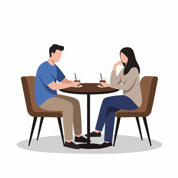 Minimalist Flat Design Illustration of Two People Sitting at a Round Table in a Cafe Enjoying Drinks