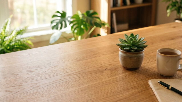 自然光が差し込む部屋の木製テーブルとコーヒー、ノート、観葉植物のライフスタイル背景