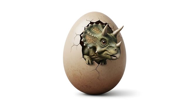 A baby triceratops dinosaur hatching from a cracked brown egg on a white background, symbolizing new life and ancient creatures.