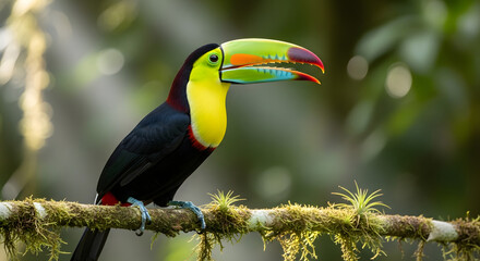 Obraz premium Colorful keel billed toucan perched on mossy branch in tropical rainforest environment side profile.