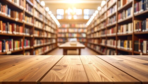 Empty wooden table in foreground with blurry view of a warmly lit library filled with books