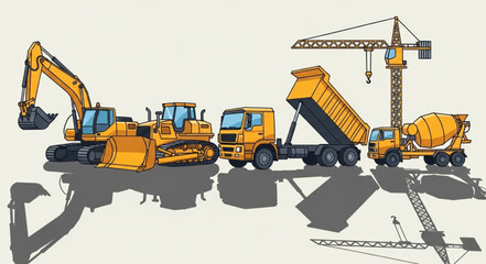 Obraz premium Heavy construction equipment including excavator bulldozer dump truck and crane.