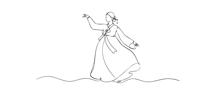 One line drawing of traditional hanbok dress. Continuous line of Korean cultural clothing. Heritage fashion concept. Modern minimalist style. single line art vector illustration.