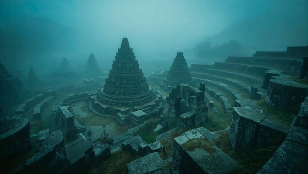 Mystical view of ancient temple ruins with stone stupas in thick fog at dawn, lost civilization concept.