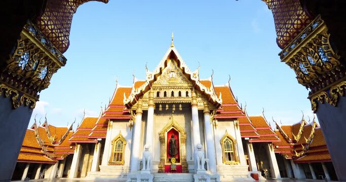 Wat Benchamabophit the Marble Temple sunset light the impressive and orderly traditional Thai architecture. Bangkok Thailand