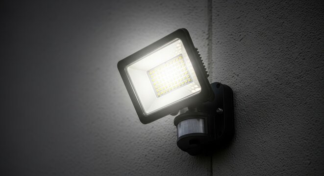 Black motion sensing LED security floodlight mounted on a textured wall, illuminating the exterior for enhanced safety and surveillance.