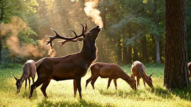 Red deer stag with large antlers roaring in a forest clearing at sunrise, breath visible as steam in golden light, group of female hinds grazing in the background under sunbeams.