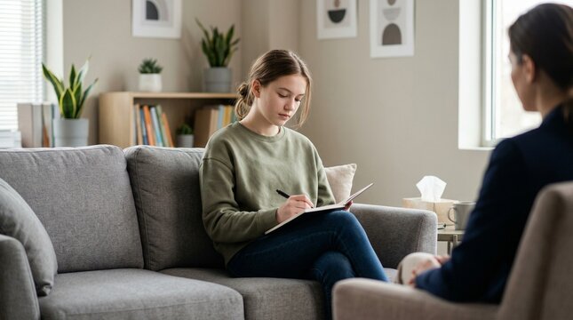 Teenage girl writing in notebook while sitting on sofa indoors  