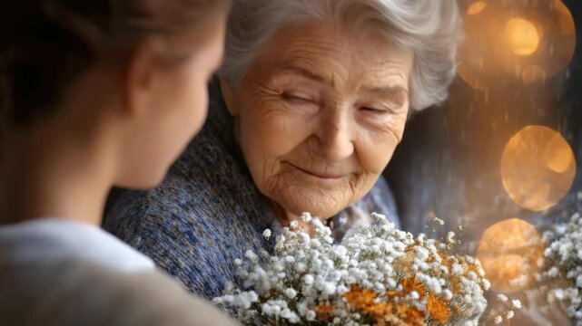 Smiling senior woman, elegant silver hair, receiving delicate flowers from caring young hands, symbolizing intergenerational love, heartfelt appreciation, pure joyful connection
