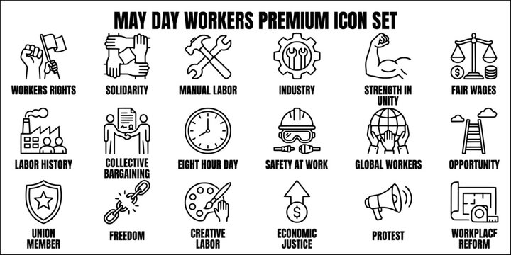 May day and international labour day line art icon set