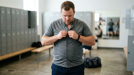 Fototapeta premium Overweight man buttoning his shirt in gym locker room 