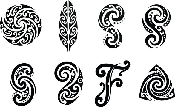 Set of traditional Maori koru symbols and Polynesian tribal vector ornaments for tattoo and ethnic graphic design projectsSet of traditional Maori koru symbols and Polynesian tribal 