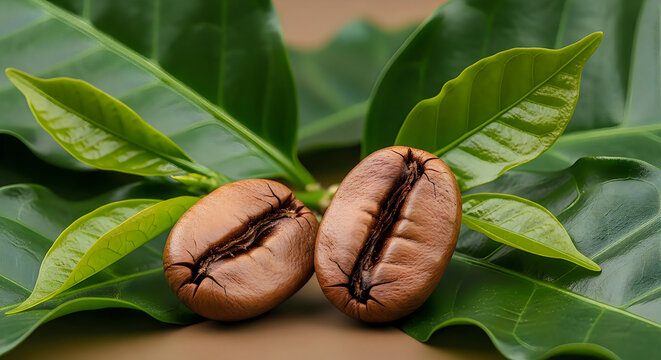 Two ripe coffee cherries on green coffee plant leaves illustration