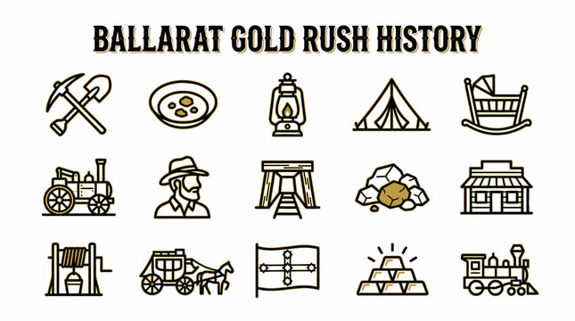 Ballarat Gold Rush History Icons Set