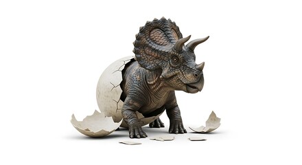 Fototapeta premium A baby Triceratops dinosaur hatching from a cracked egg, isolated on a white background, representing new life and ancient creatures.
