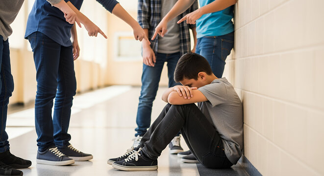 School Bullying Concept, Group of Students Pointing at Sad Boy Sitting Alone Near Lockers, Teen Mental Health and Social Problem Theme