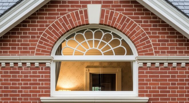 Elegant Federal Style Attic Window with Intricate Elliptical Fanlight Above a Brick Facade