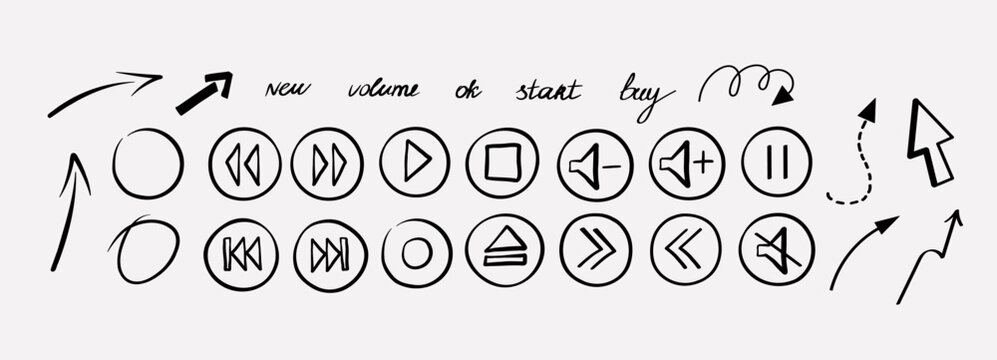 Media player buttons and interface controls sketch. Vector doodle arrows collection with navigation symbols for music video web signs. 
Hand drawn play stop pause volume circles pointers cursors  text