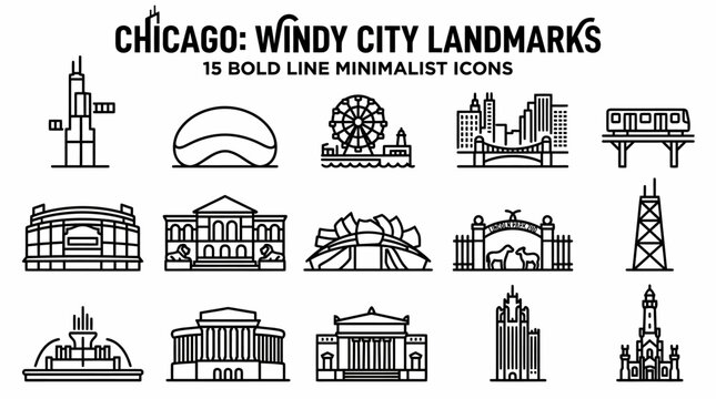 Chicago Landmarks Icons: Minimalist Line Art Collection