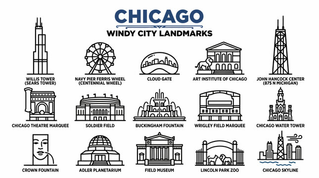 Chicago Windy City Landmarks Collection - Vector Icons