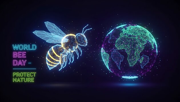 Bee and earth globe with world bee day text. low poly world bee day food security organic farming planet earth saving the planet environmental protection. low poly world bee day