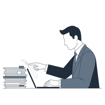 A businessman in a suit points to a document on a laptop while sitting at a desk with a large stack of papers, symbolizing diligent work and analysis.
