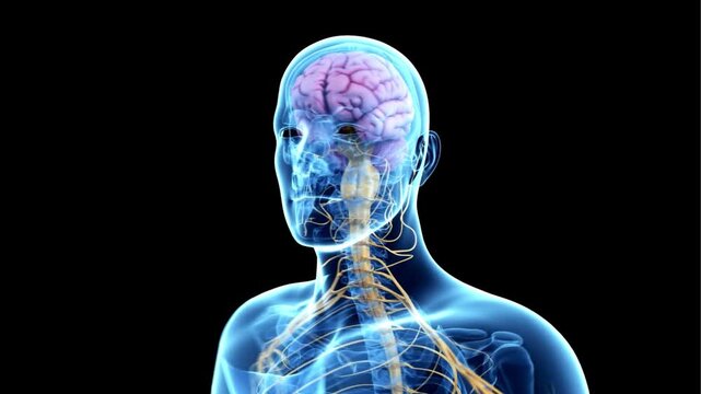 Anatomical illustration of the human brain and nervous system on a black background