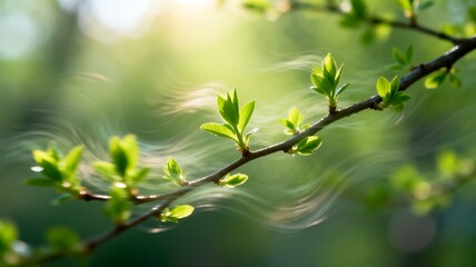 Obraz premium Spring Tree Branch with Fresh Green Leaves in Wind