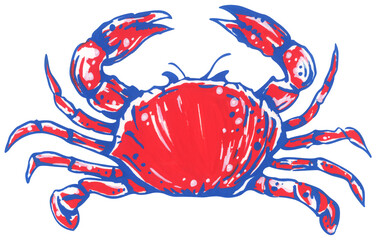 Preppy crab illustration in red blue and white style, hand drawn marine animal with claw legs outline sketch, coastal beach summer nautical ocean theme, retro graphic decor.