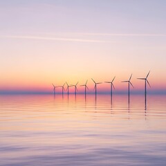 Fototapeta premium Wind turbines in ocean sunset.