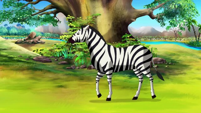 Cartoon Zebra walking in the African Savanna 2D animation