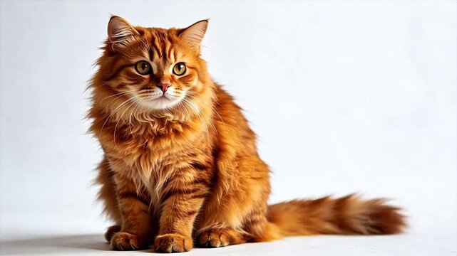 Orange fluffy cat sitting on white surface