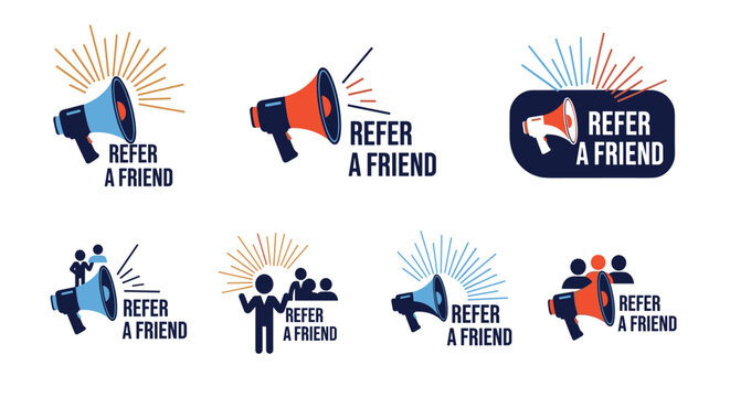 Refer a friend marketing icon set featuring various designs with megaphones people and speech bubbles to encourage customer referrals.
