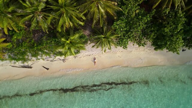 Togean Island Indonesia Stunning Karina Beach Drone View with Palm Trees and Sandy Shore