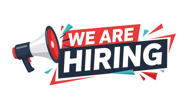 Eye catching we are hiring banner with a megaphone and bold typography for business recruitment and job vacancy announcements in red.