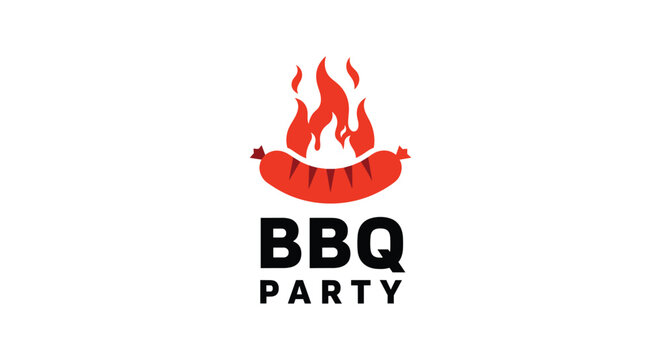 Barbecue party logo design featuring a red grilled sausage on a fork with bright orange flames rising above it and bold black typography below.