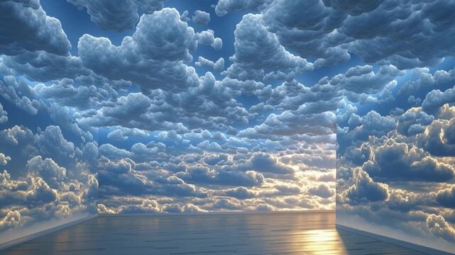 Room with walls and ceiling covered in realistic cloud and sky mural reflecting a sunset on the floor