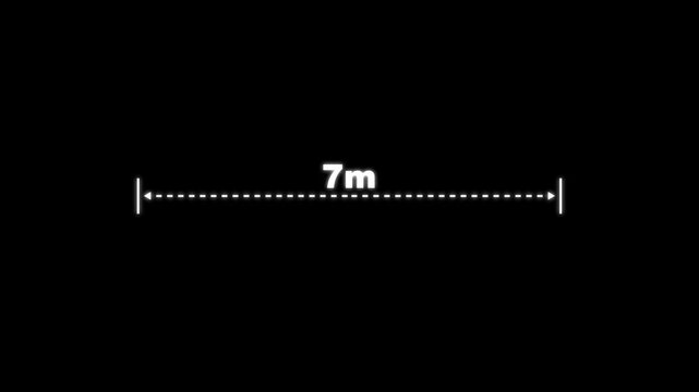 Measuring distance length dotted line animation. A dotted line representing a 7 meter measurement for design and layout purposes. 7 meter dimension dotted line