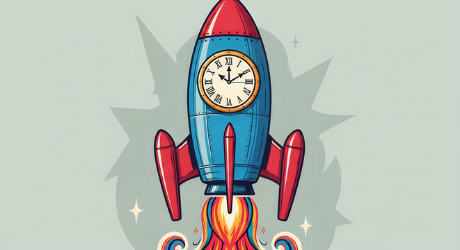 Clock shaped like a colorful rocket ship with flames illustration