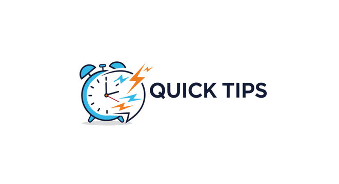 Creative logo for quick tips featuring a blue alarm clock with lightning bolts and speech bubble elements on a white background.