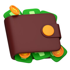 A brown wallet filled with green bills and gold coins on a surface © dzulvikar