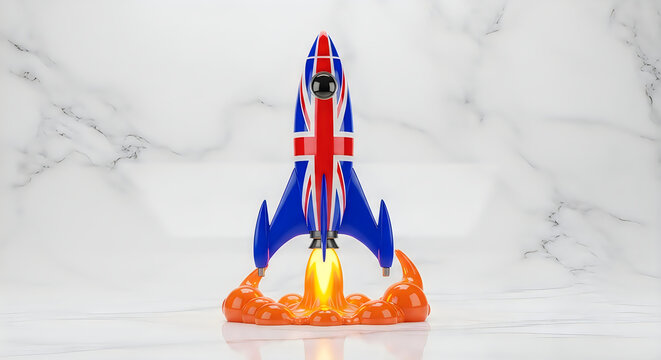 British flag rocket launching with fire flames illustration