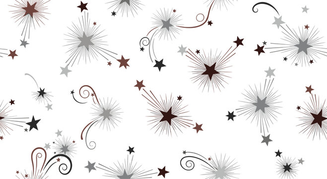 Seamless pattern of stylized brown and grey stars, sparks, and cosmic swirls on a clean white background for festive decoration.