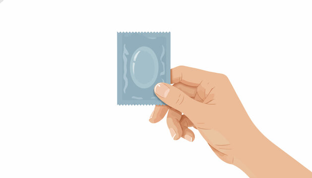Vector condom package, blue foil wrapper, hand holding, safety protection, health product, medical illustration