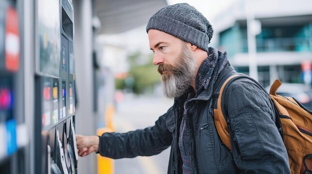 Man with beard and beanie using a fuel pump at a gas station with blurred background elements